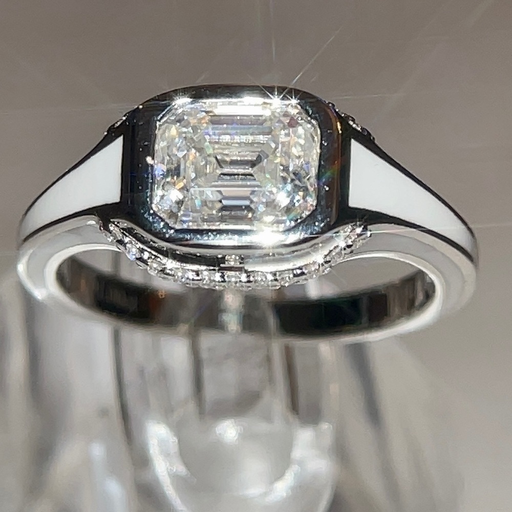 Asscher Cut Moissanite Ring 1.5ct Black & White Enamel Statement Ring